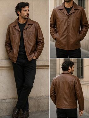 Roundtree & Yorke Brown Leather Jacket Button Front Insulated Men Large